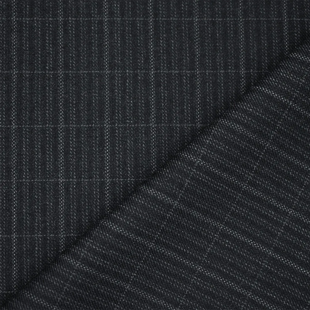 Black-Gray Polyester Wool Plaid Striped Pattern Twill Suiting Fabric