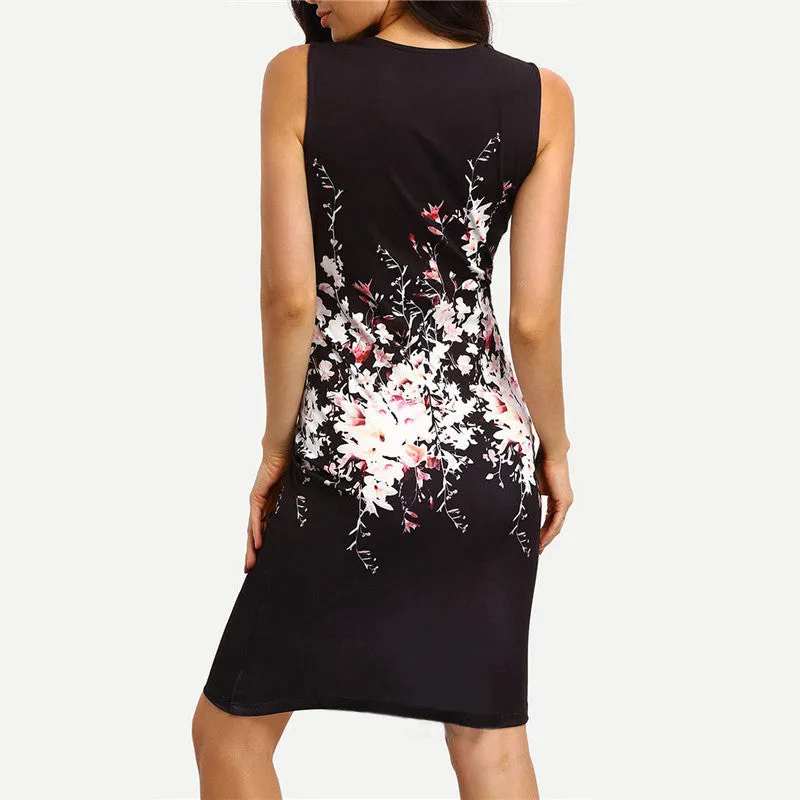 Black Sleeveless Floral Print Bodycon Knee-Length Dress