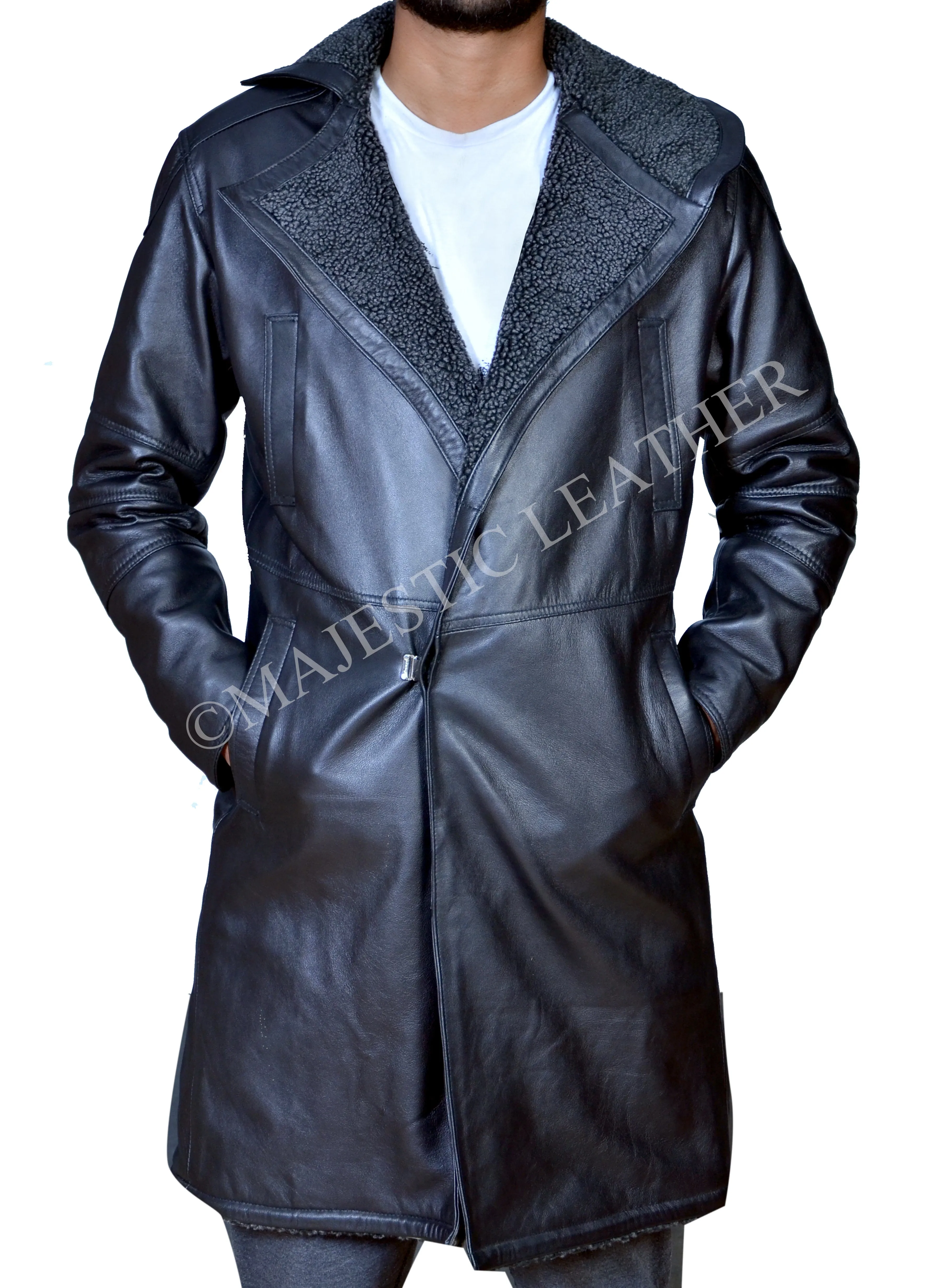 Blade Runner 2049 Ryan Gosling (Officer K) Fur Lapel Collar Trench Leather Coat