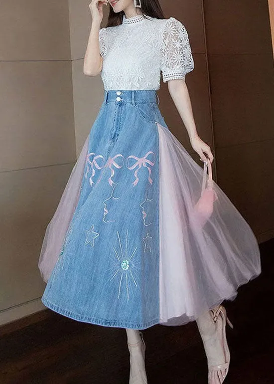 Boutique Blue Wrinkled Tulle Patchwork Embroideried Denim Skirts