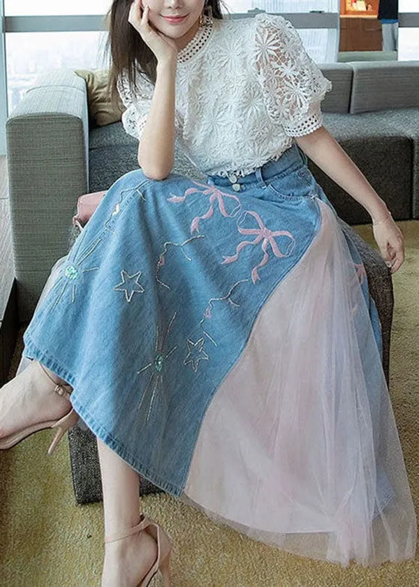 Boutique Blue Wrinkled Tulle Patchwork Embroideried Denim Skirts