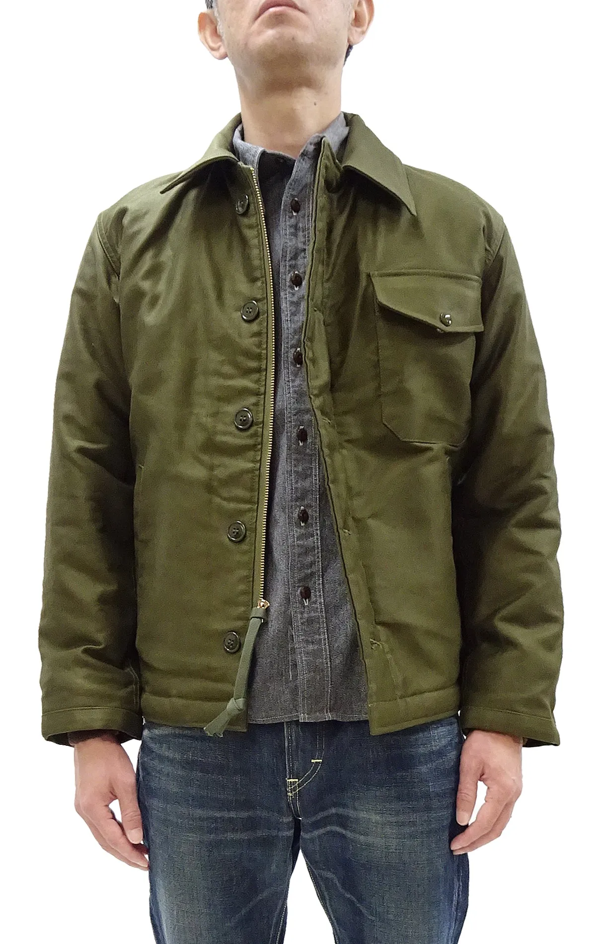 Buzz Rickson Jacket Men's Reproduction of the U.S. Navy A-2 Deck Jacket in Jungle Cloth Outer Shell Version BR15155 Olive-Drab