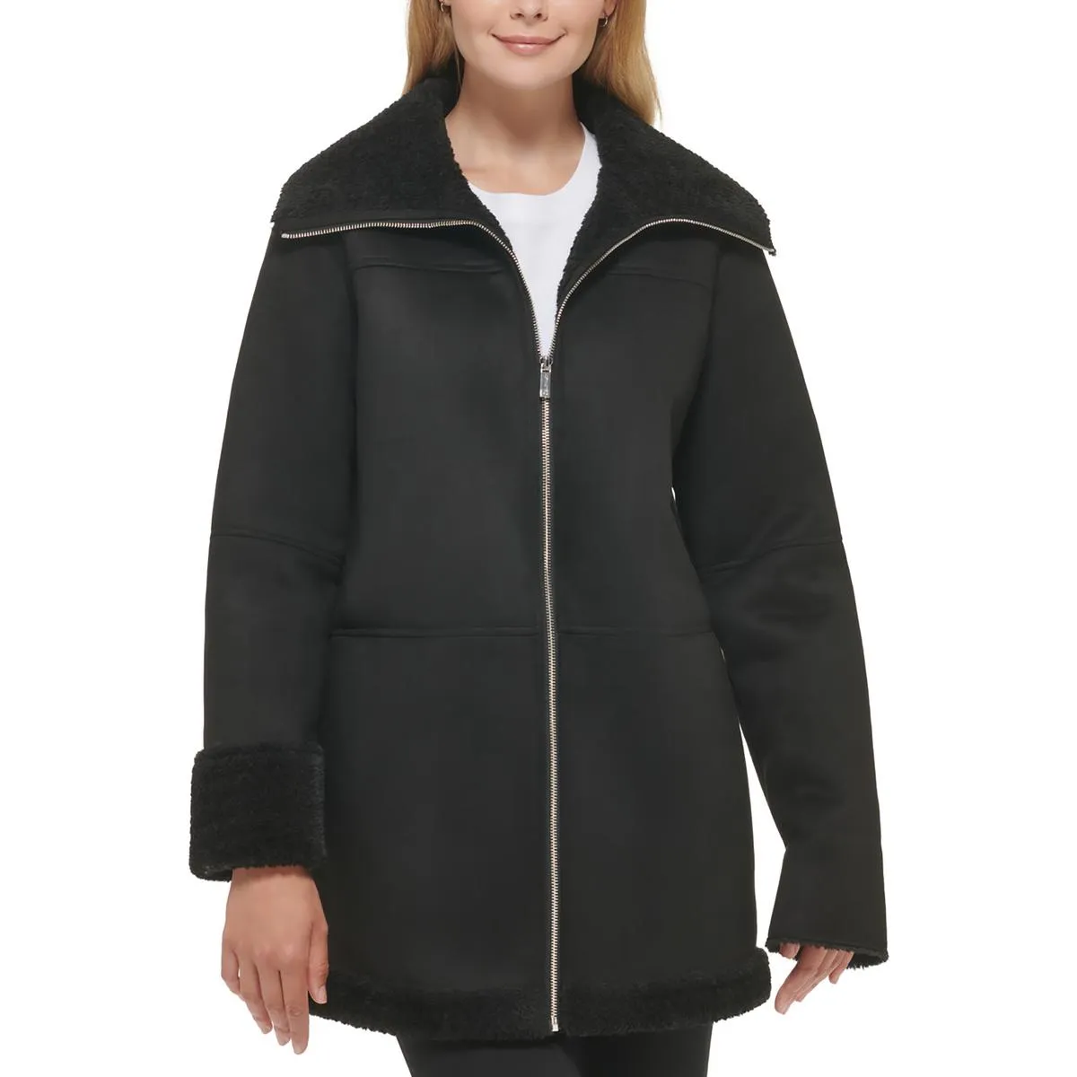 Calvin Klein Womens Faux Shearling Trim Heavy Walker Coat