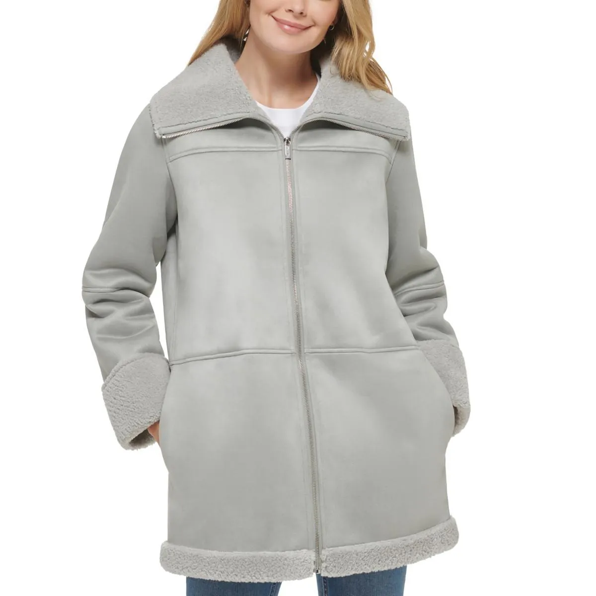 Calvin Klein Womens Faux Shearling Trim Heavy Walker Coat