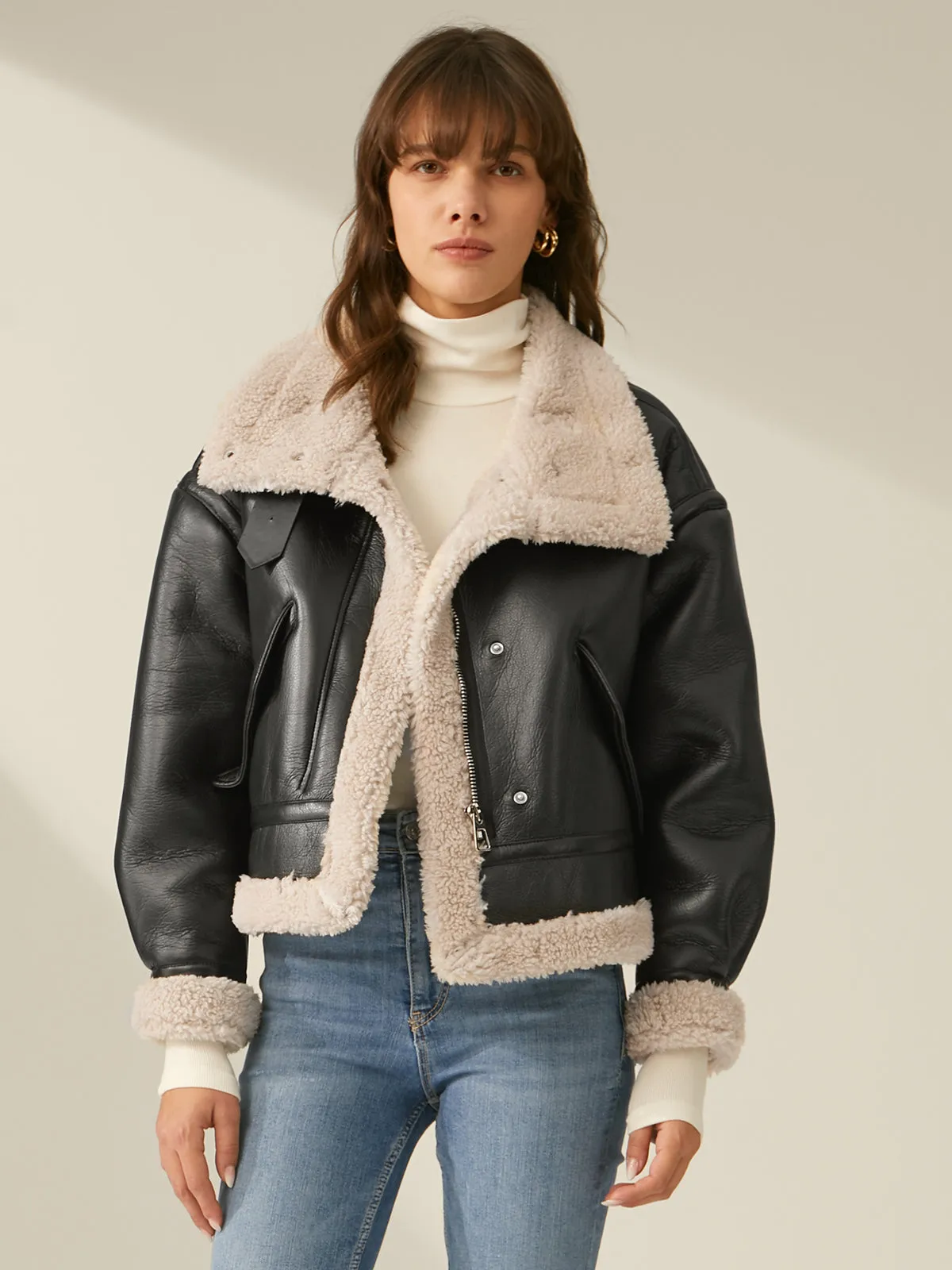 Chicmy-Winter Outfits Christmas Thanksgiving Gift New Year's Eve Outfits Streetwear Fashion Sherpa Lined Shearling Leather Flight Jacket