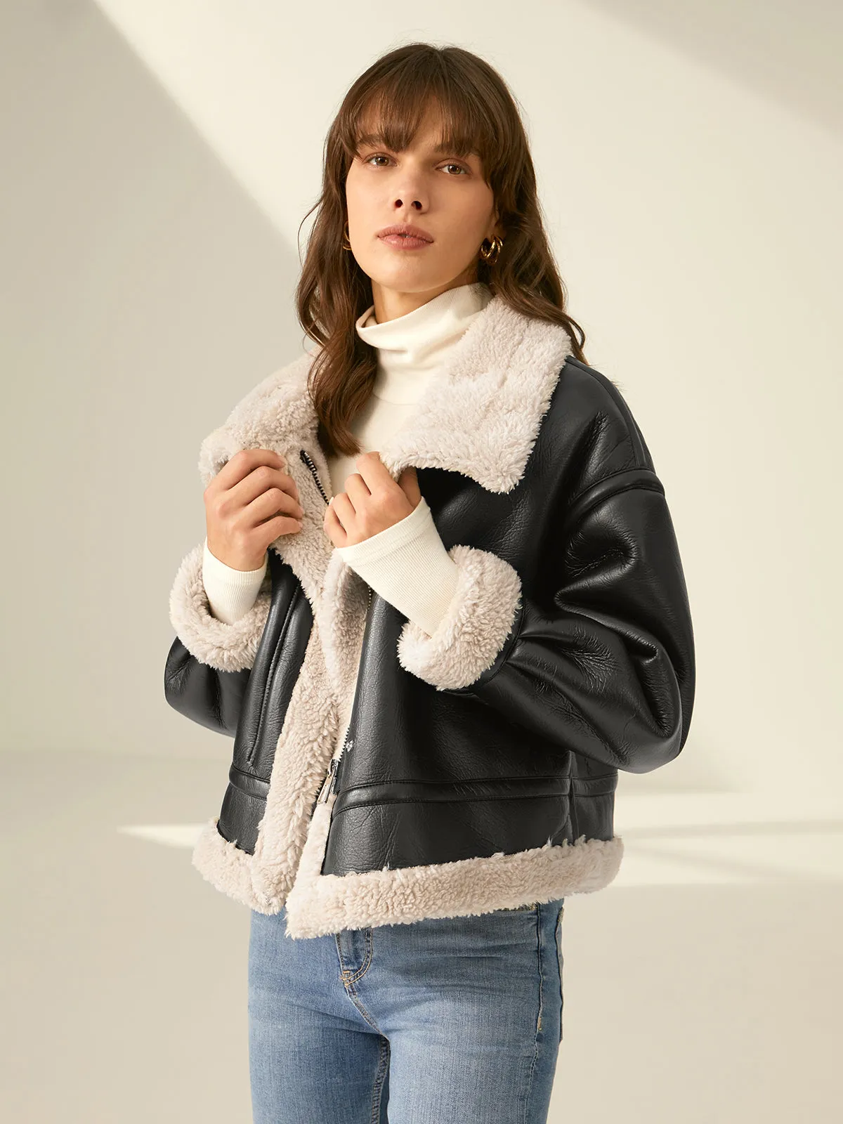 Chicmy-Winter Outfits Christmas Thanksgiving Gift New Year's Eve Outfits Streetwear Fashion Sherpa Lined Shearling Leather Flight Jacket