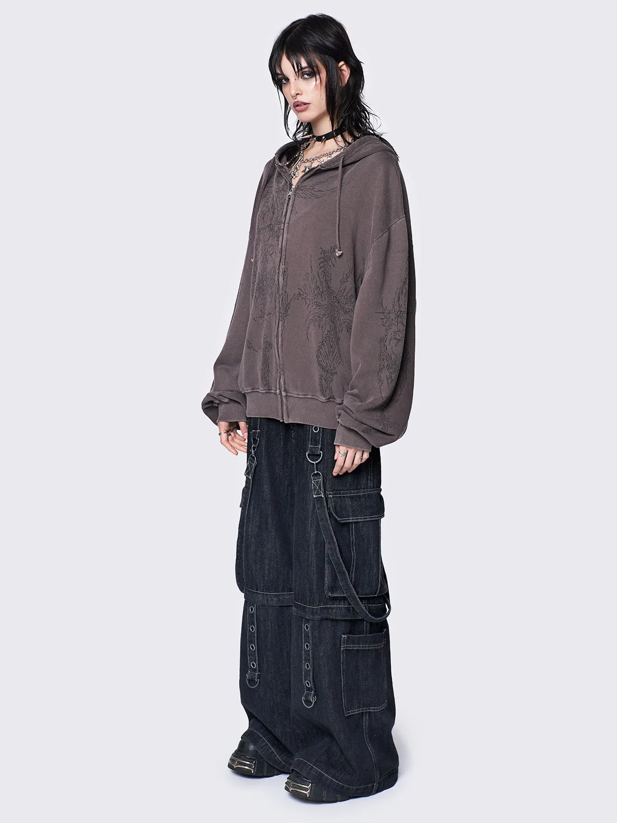 Enigmatic Brown Wash Oversized Zip Up Hoodie