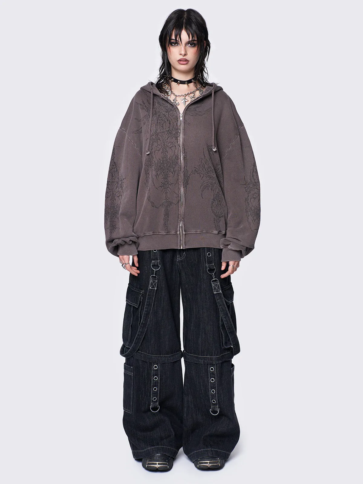 Enigmatic Brown Wash Oversized Zip Up Hoodie