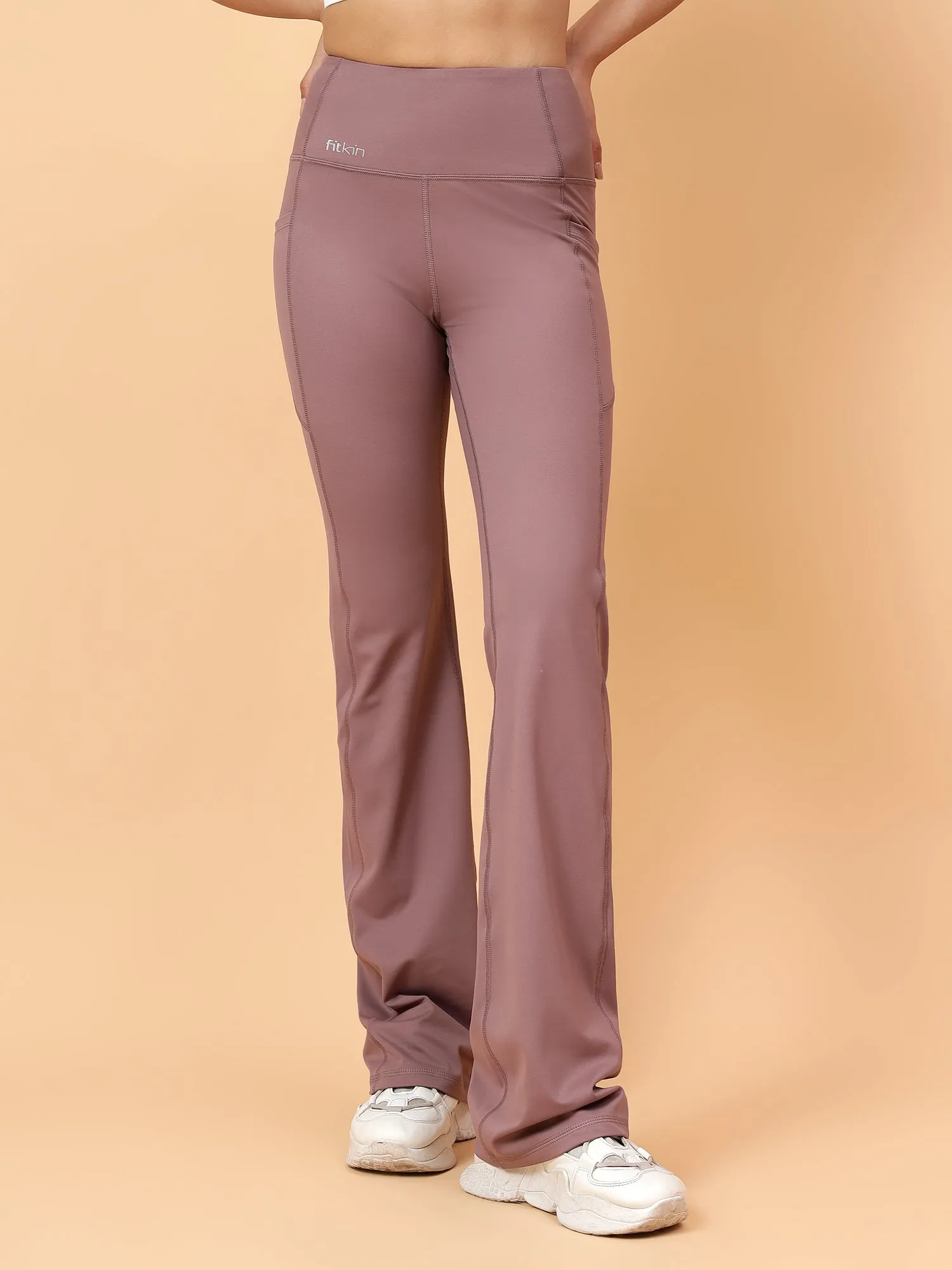 Fitkin Women Beige All Day Bootcut Active Pants