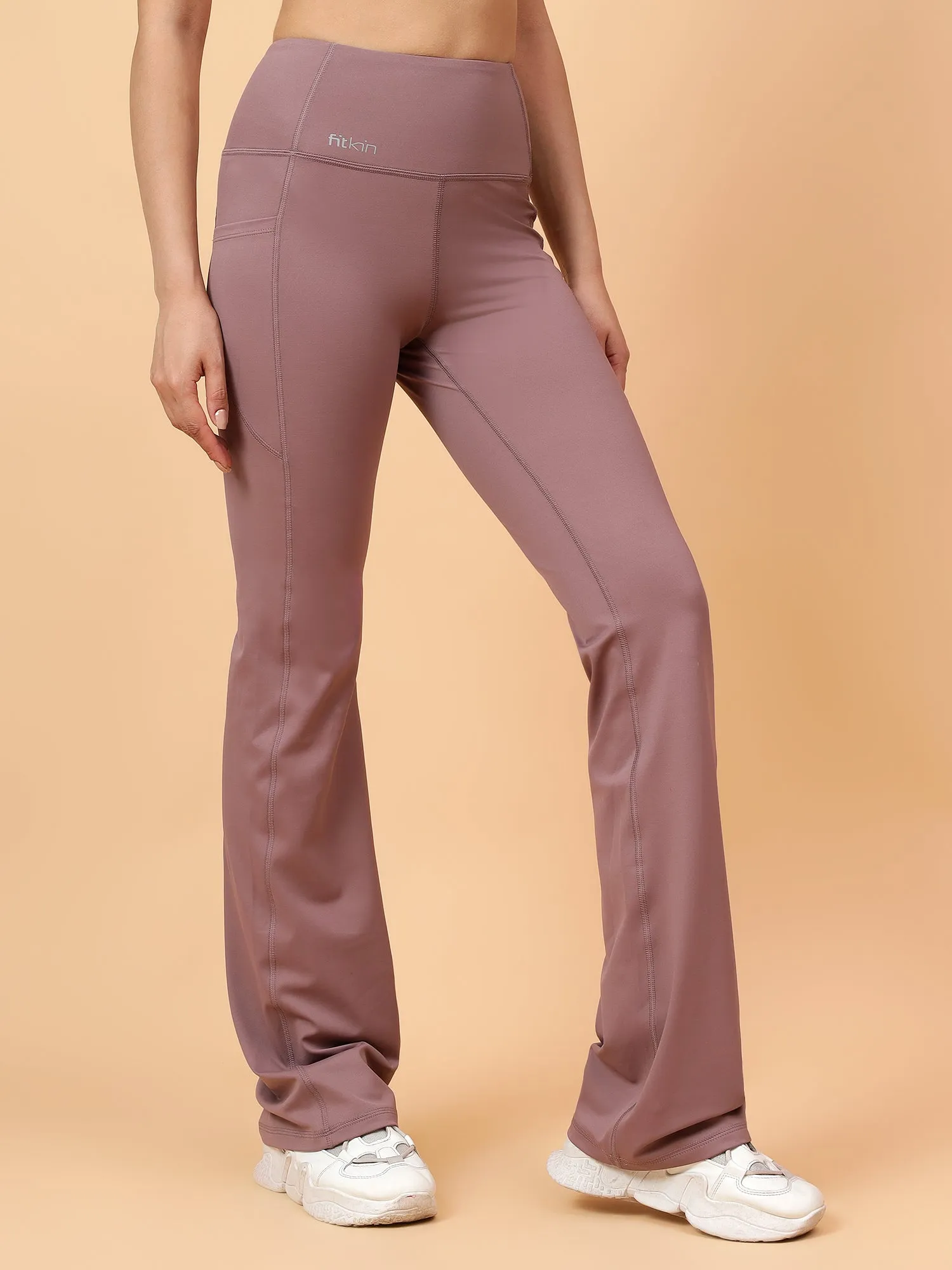 Fitkin Women Beige All Day Bootcut Active Pants