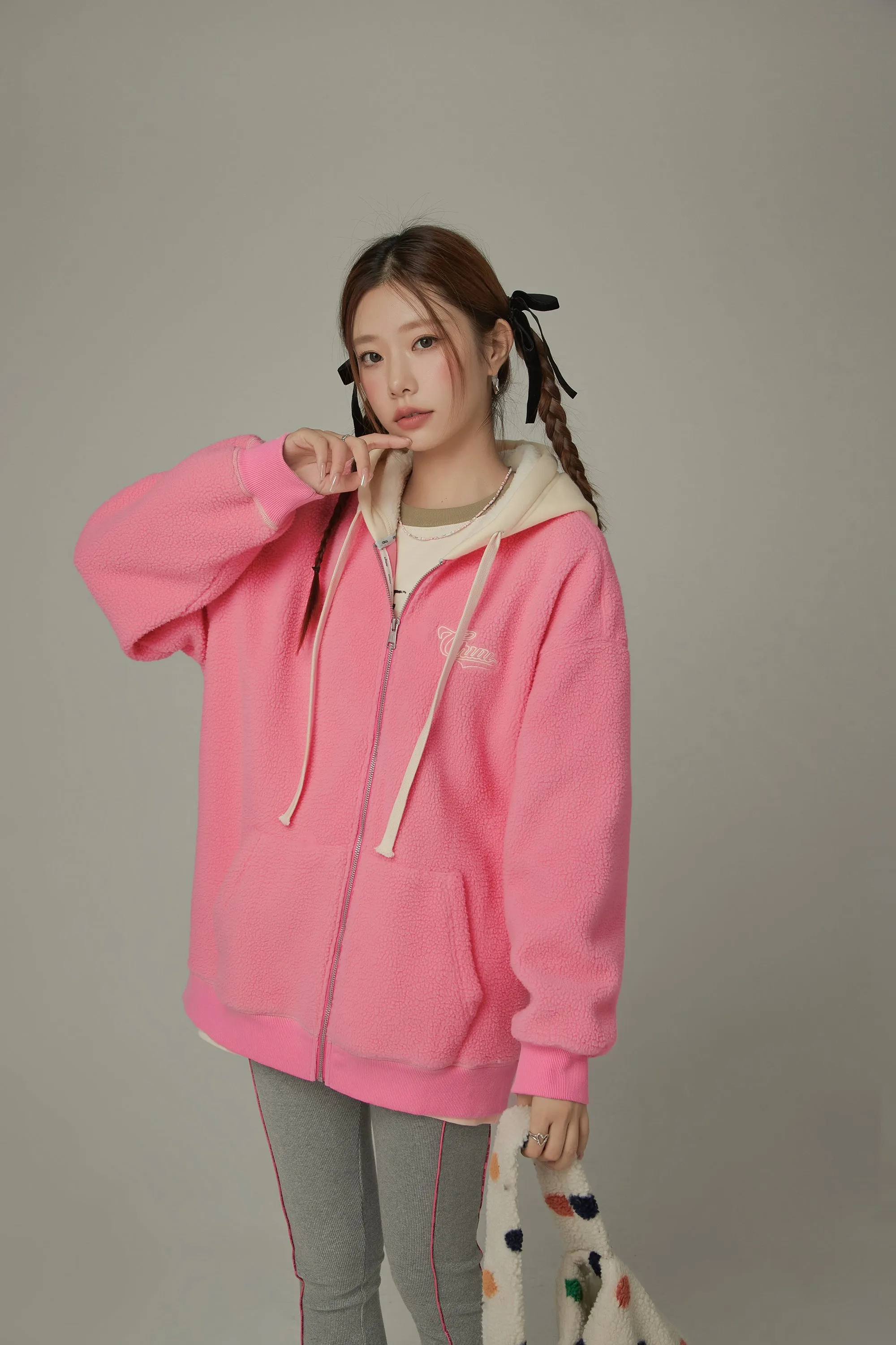 Fleece Color Combination Hooded Zip-Up