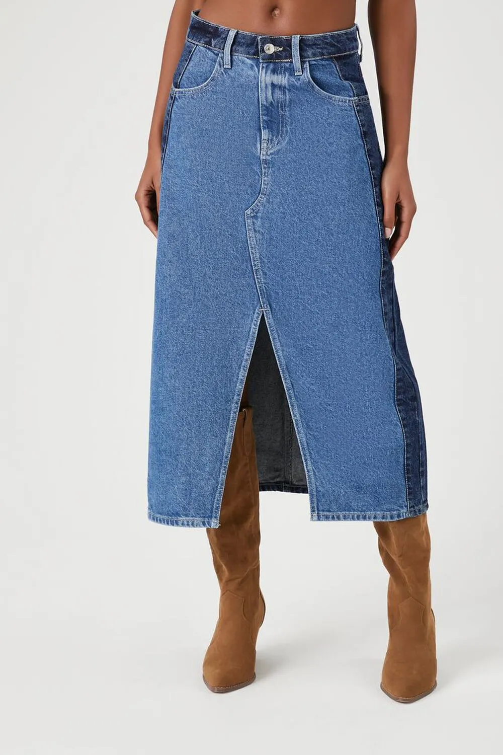 Forever 21 Color Block Denim Midi Skirt, Denim