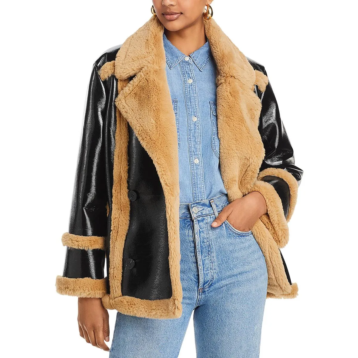 French Connection Womens Filpa Faux Shearling Trim Heavy Trucker Jacket