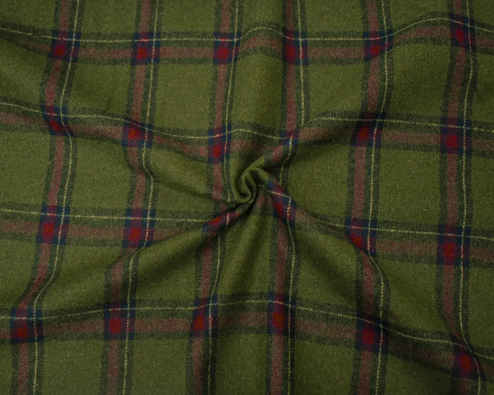 Green-Red-Multi Poly-Wool Plaid Woven Twill Jacketing Fabric