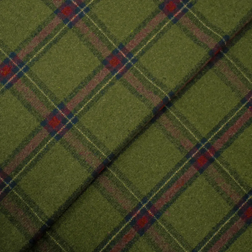 Green-Red-Multi Poly-Wool Plaid Woven Twill Jacketing Fabric