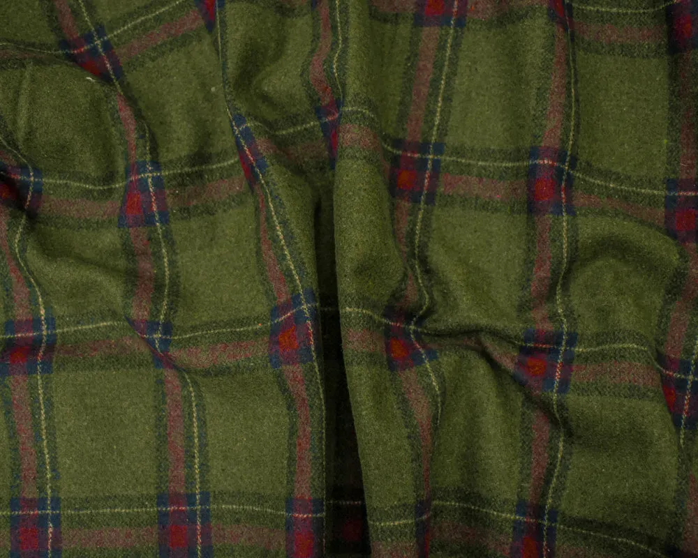 Green-Red-Multi Poly-Wool Plaid Woven Twill Jacketing Fabric