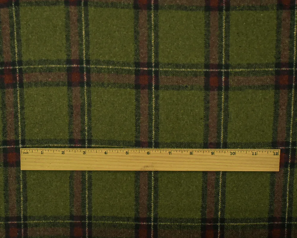 Green-Red-Multi Poly-Wool Plaid Woven Twill Jacketing Fabric