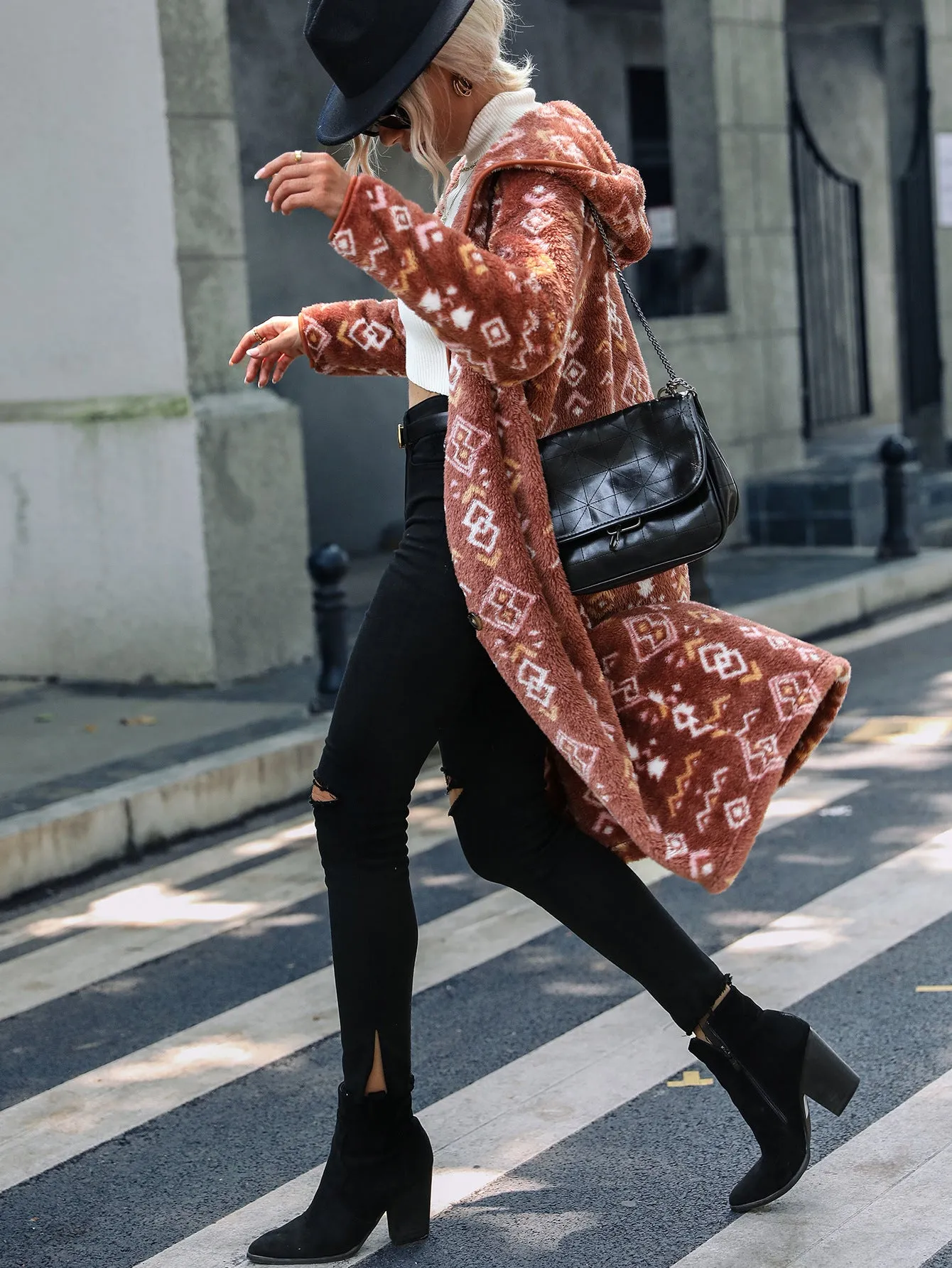 Hooded Long Sleeve Geometric Printed Plush Coat