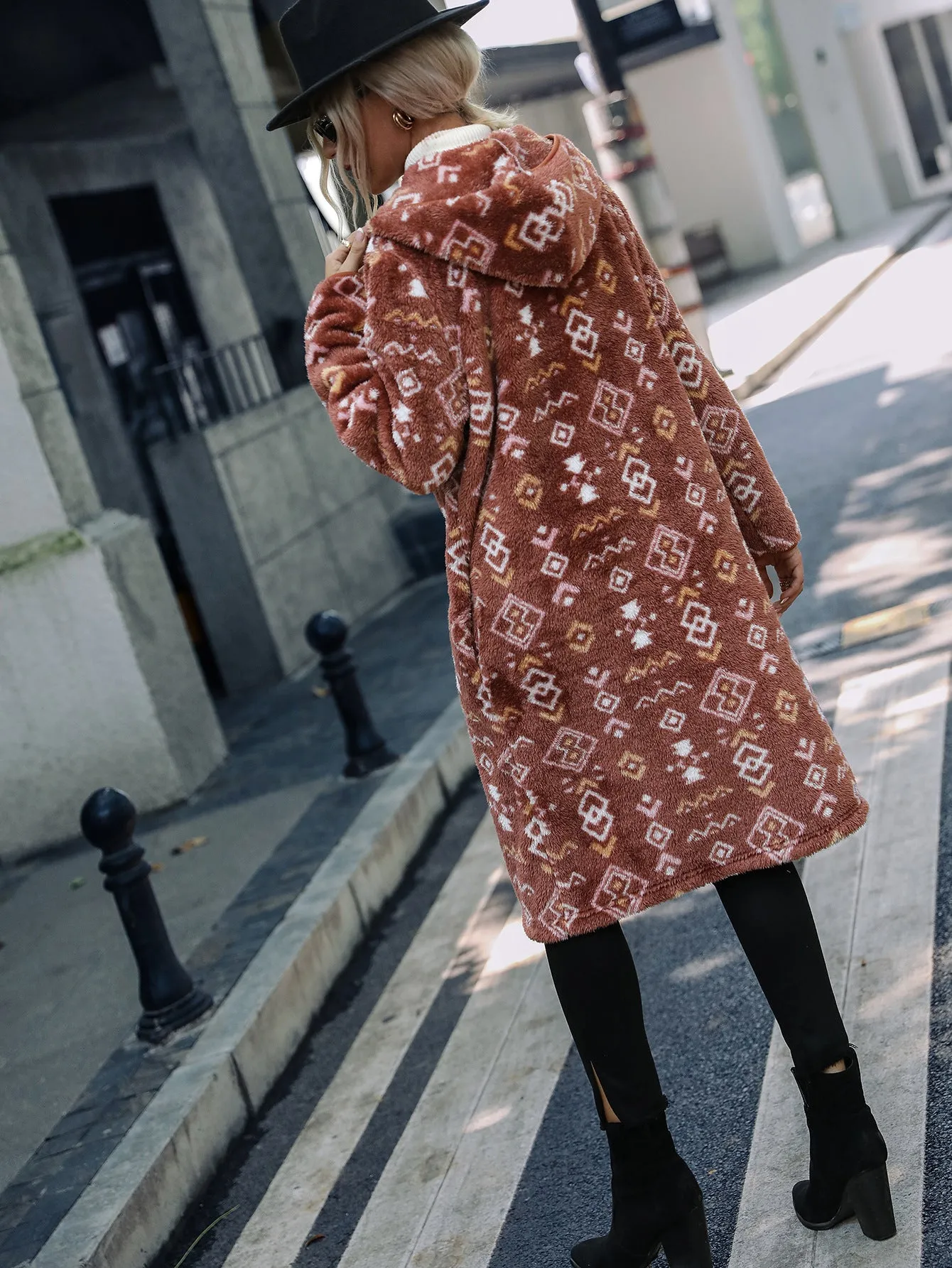 Hooded Long Sleeve Geometric Printed Plush Coat