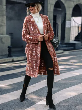 Hooded Long Sleeve Geometric Printed Plush Coat