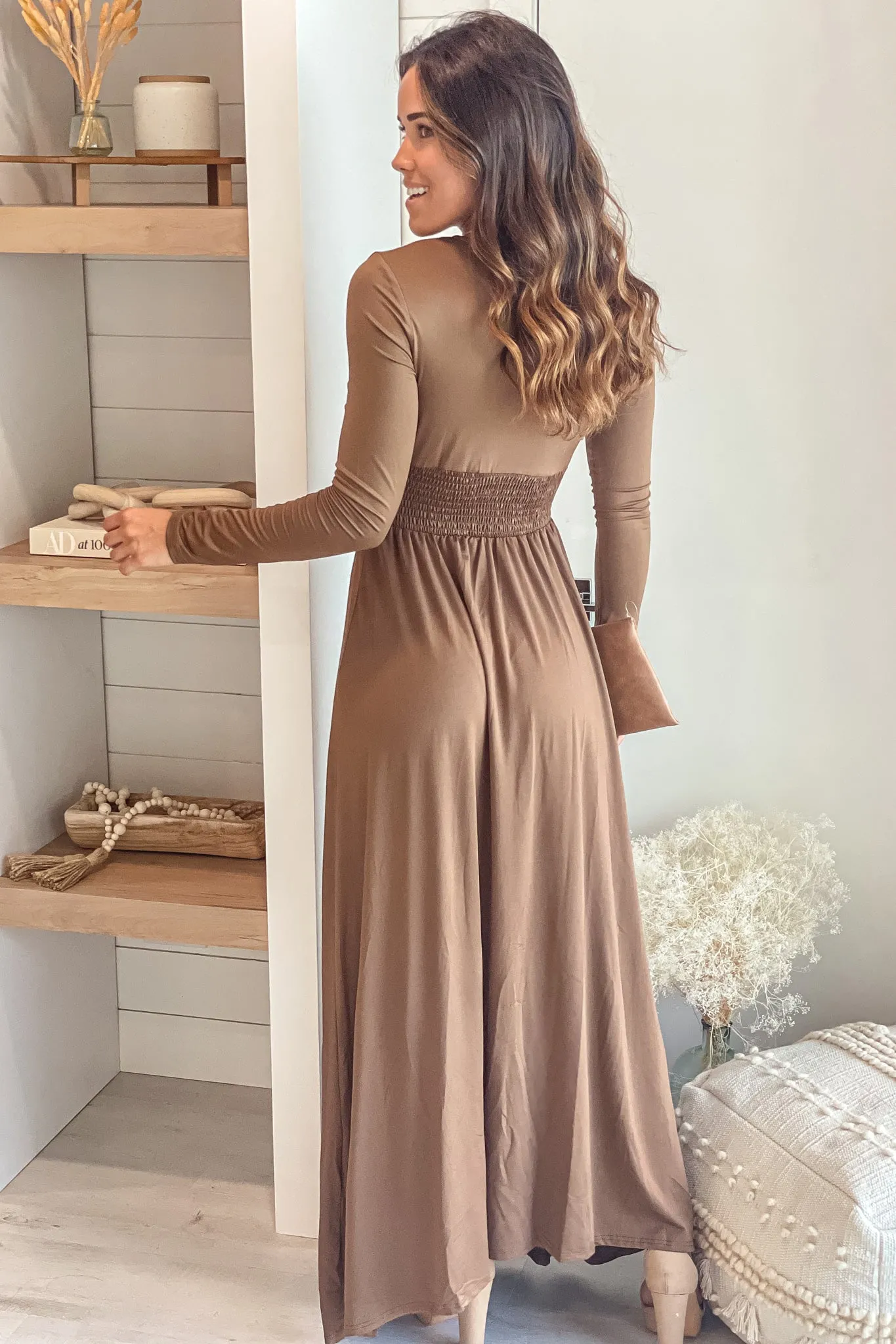 Mocha V-Neck Maxi Dress With Long Sleeve And Slit