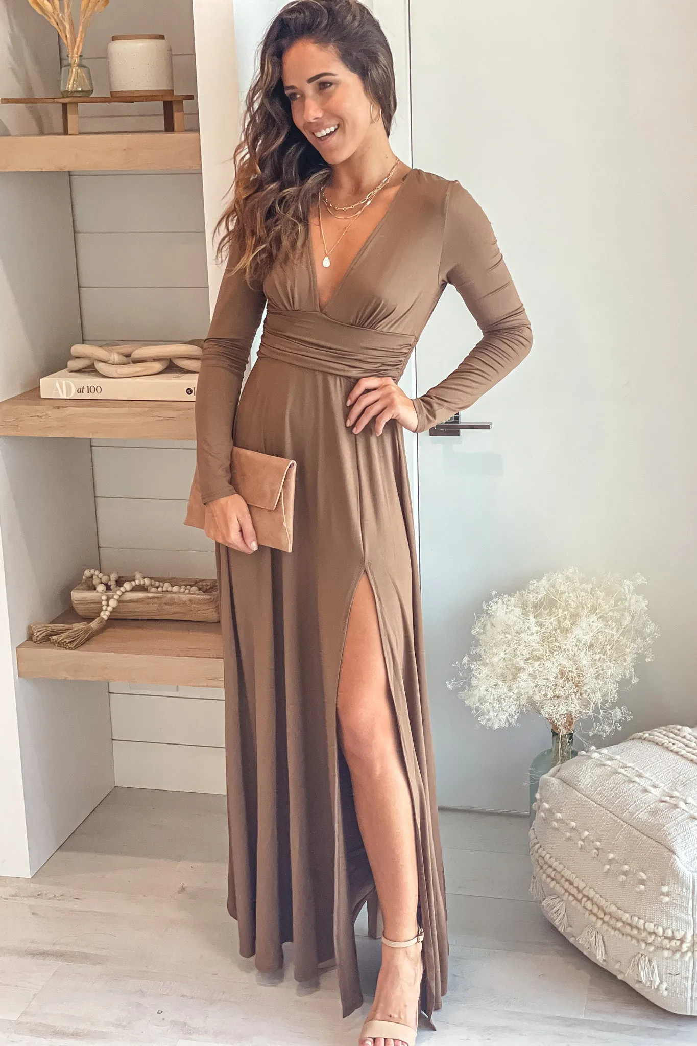 Mocha V-Neck Maxi Dress With Long Sleeve And Slit