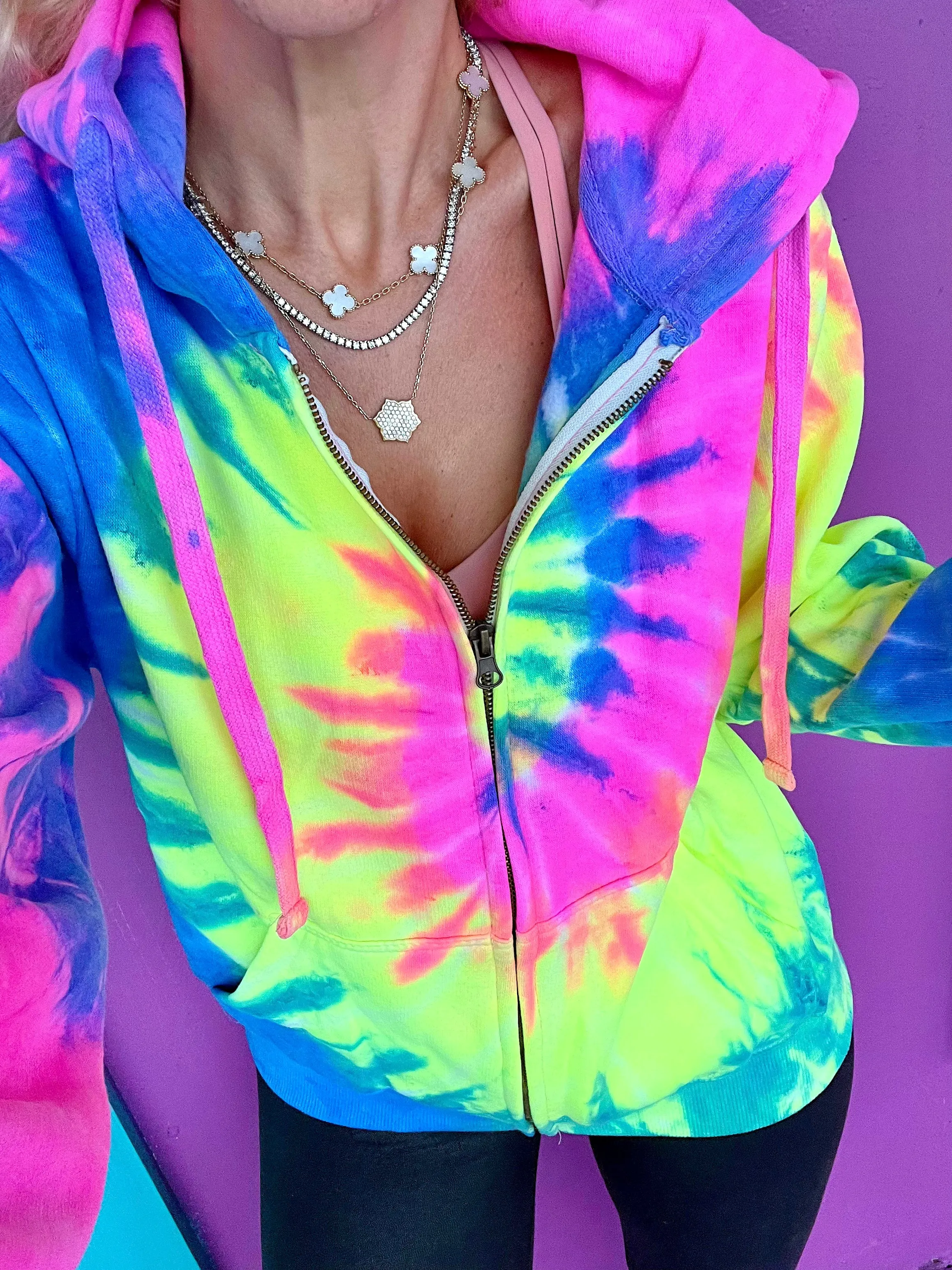 Neon Rainbow Tie-Dye Zip Up Hoodie