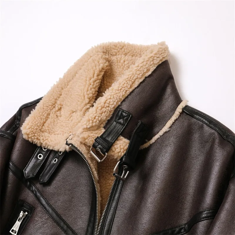 Purpdrank - 2023 Woman's Fashion Thick Warm Faux Shearling Jacket Coat Vintage Long Sleeve Belt Hem Female Outerwear Chic Tops