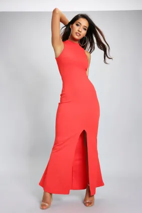 Red High Neck Split Maxi Dress