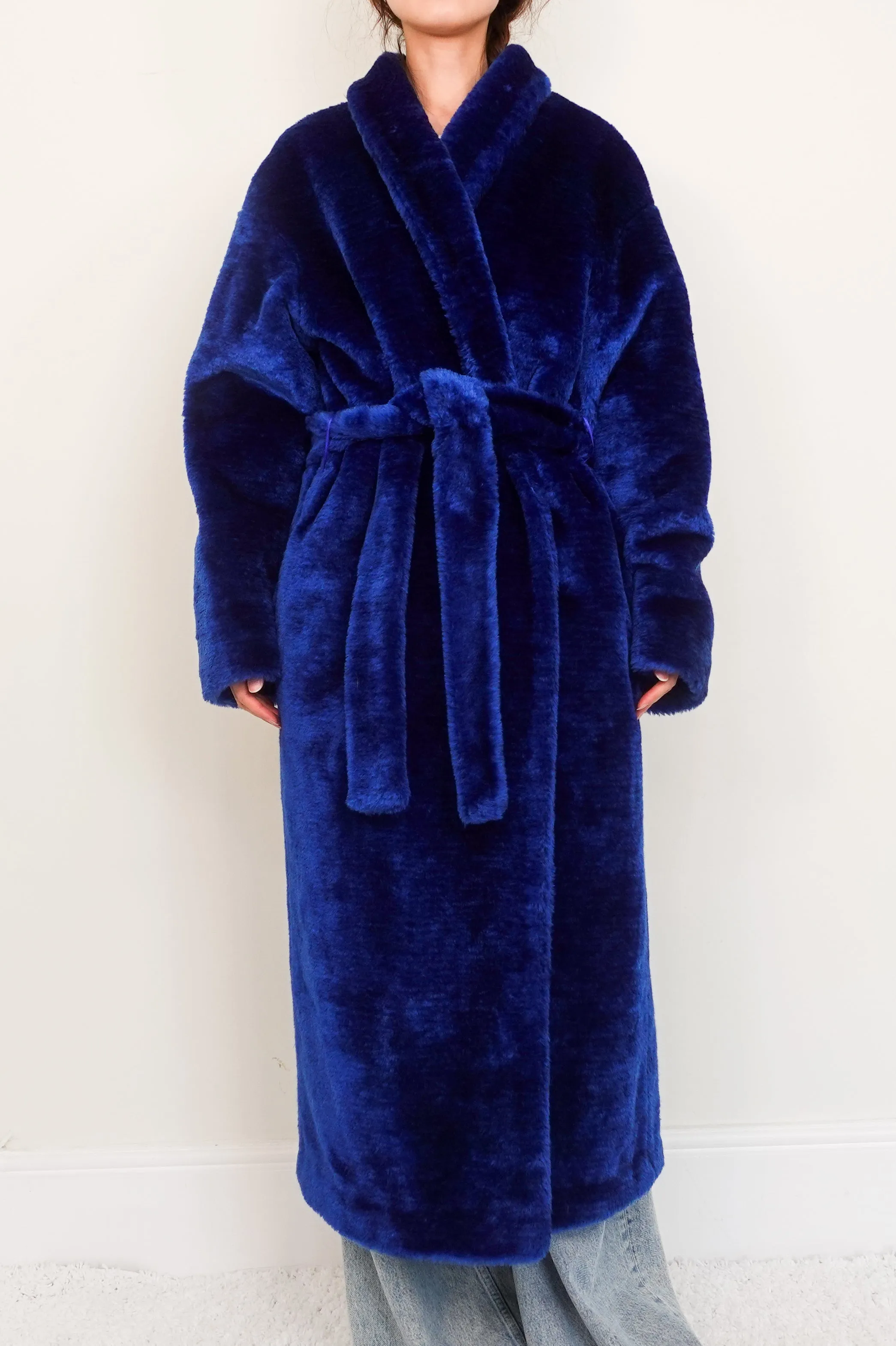 Royal blue belted faux fur coat RRP £1250