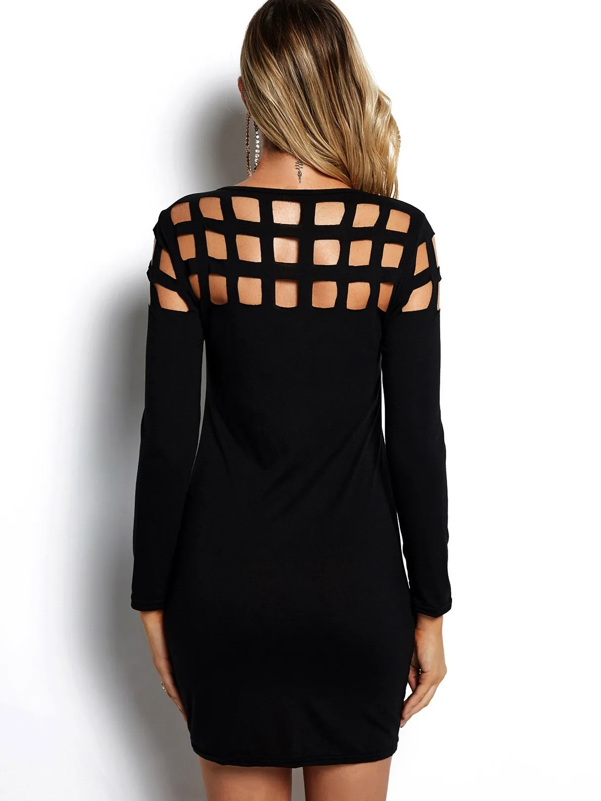 Wholesale Black Round Neck Long Sleeve Plain Hollow Dresses