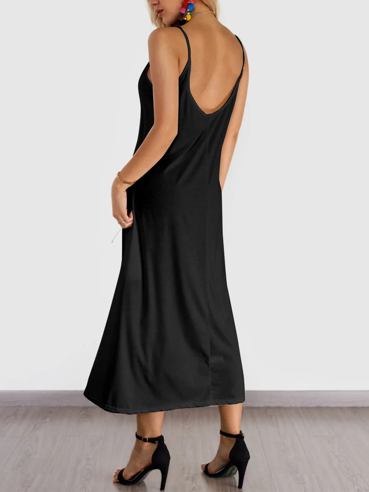 Wholesale Black Round Neck Off The Shoulder Sleeveless Plain Backless Side Pockets Maxi Dress