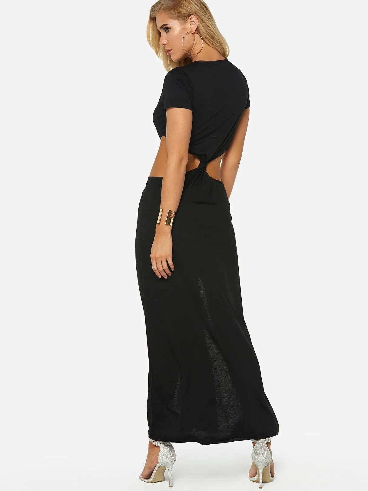 Wholesale Black Round Neck Short Sleeve Plain Cut Out Slit Hem Maxi Dress