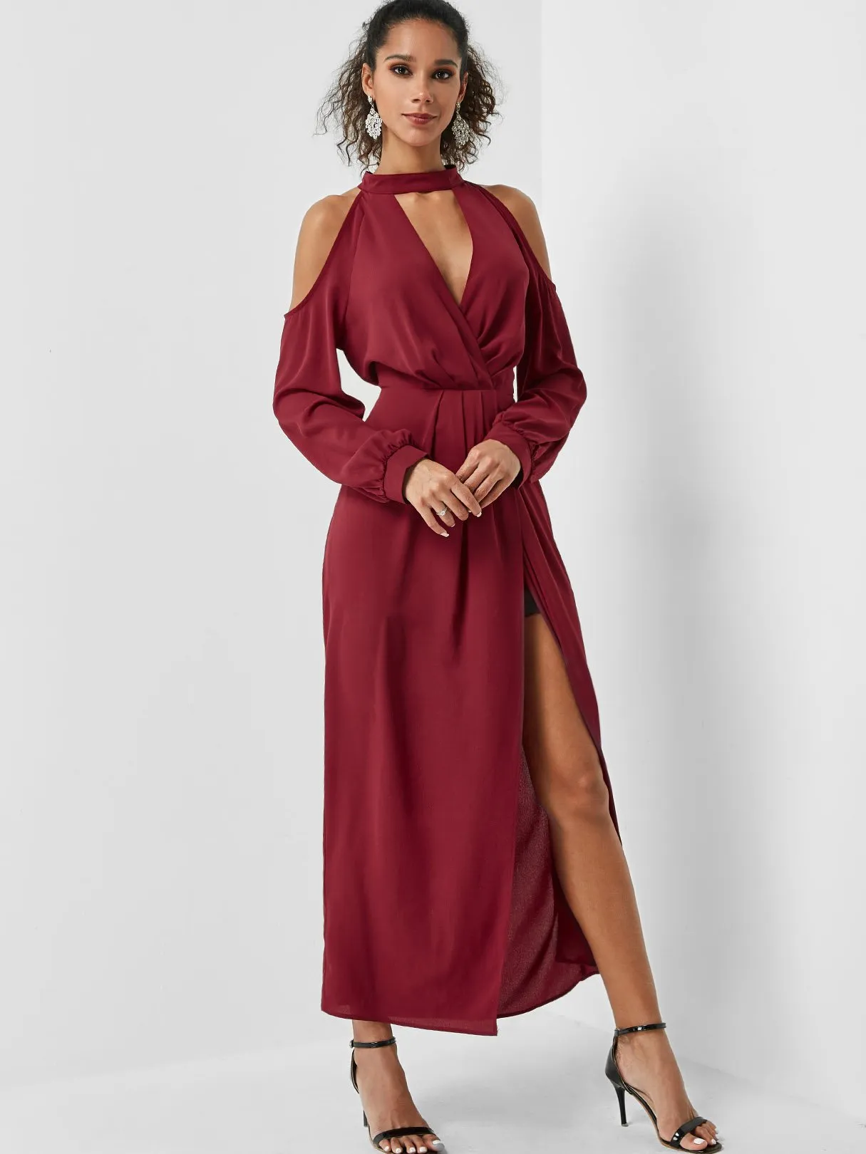 Wholesale Burgundy Cold Shoulder Long Sleeve Plain Cut Out Slit Hem Maxi Dress