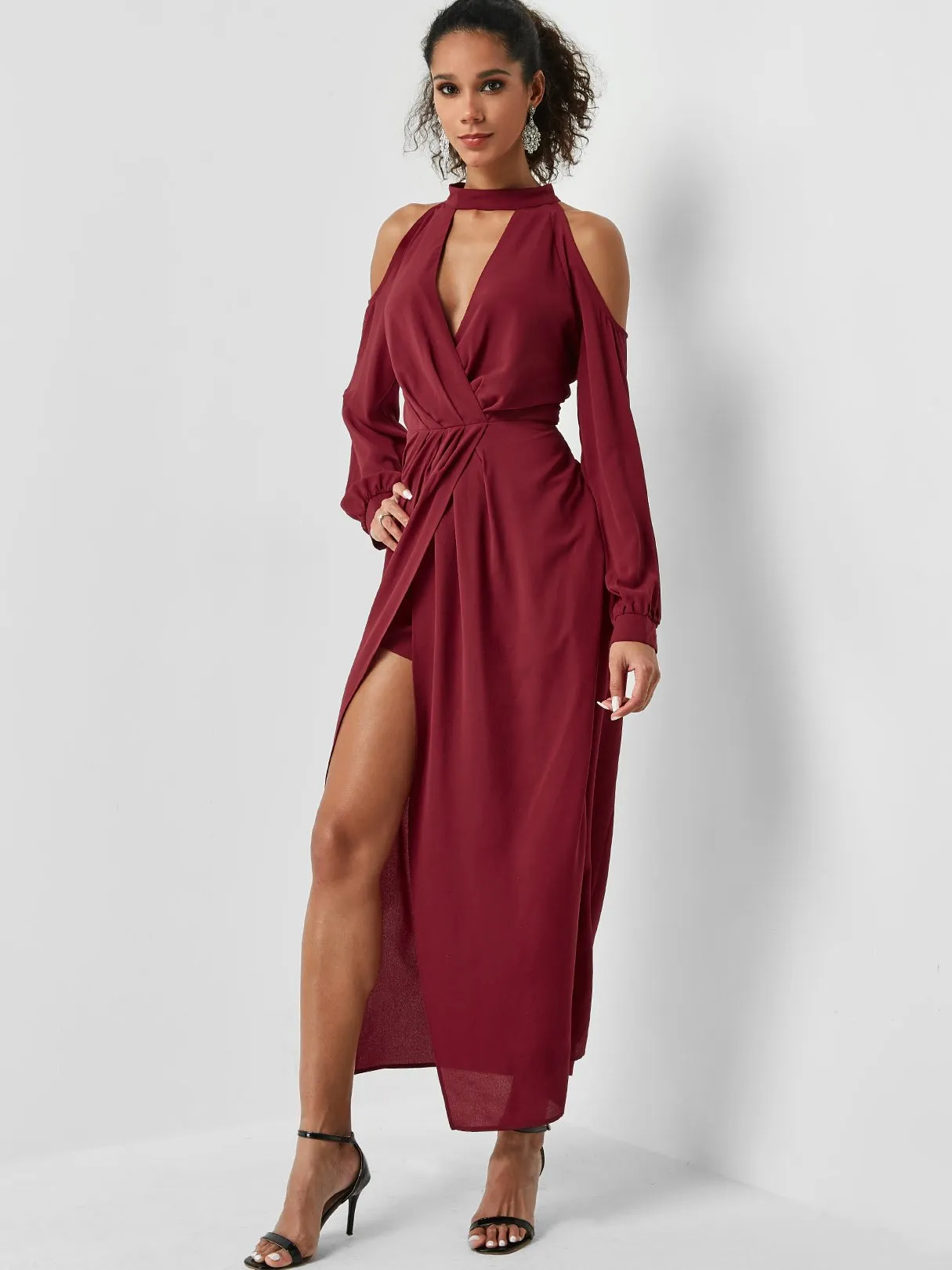 Wholesale Burgundy Cold Shoulder Long Sleeve Plain Cut Out Slit Hem Maxi Dress