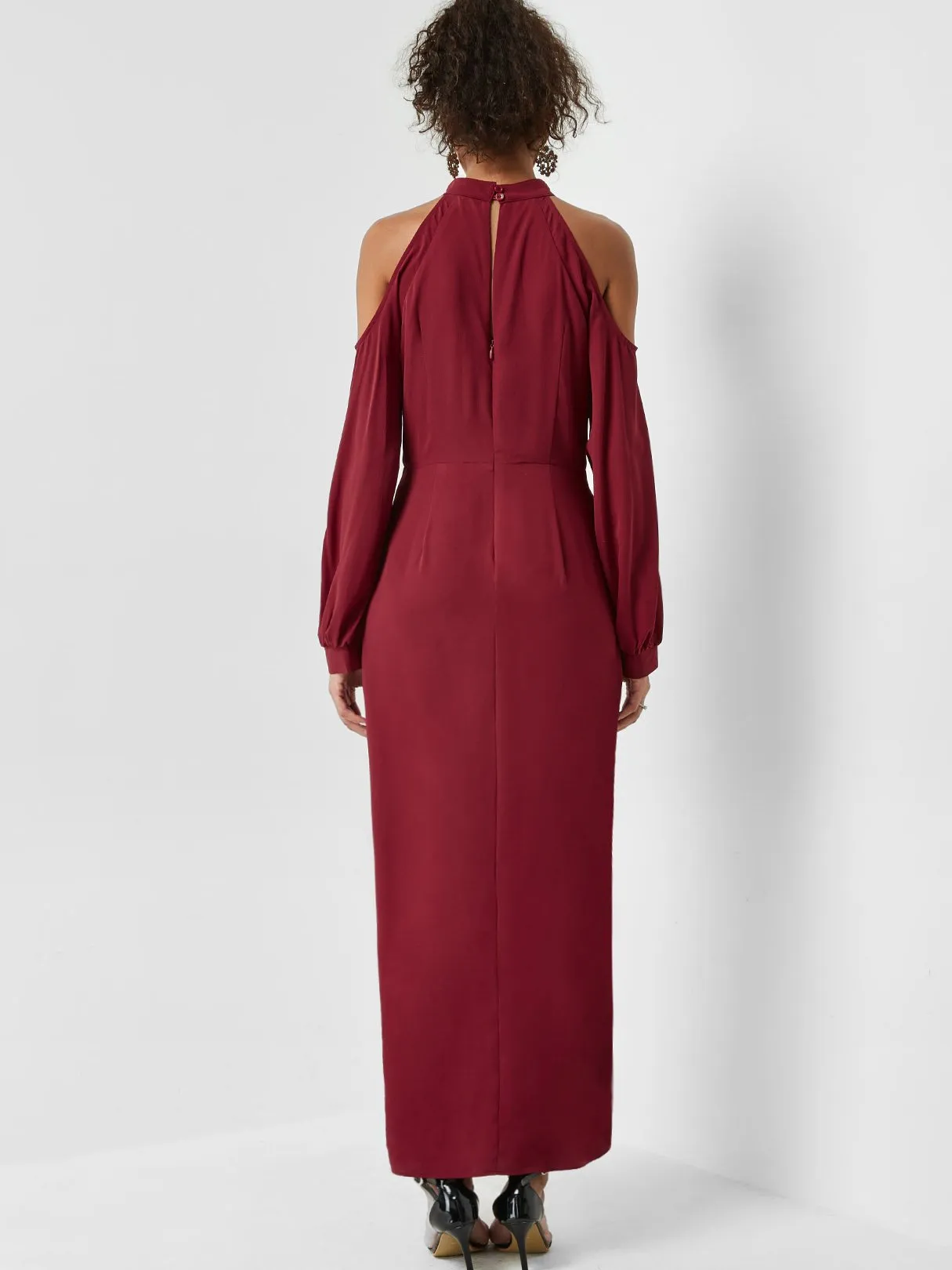 Wholesale Burgundy Cold Shoulder Long Sleeve Plain Cut Out Slit Hem Maxi Dress