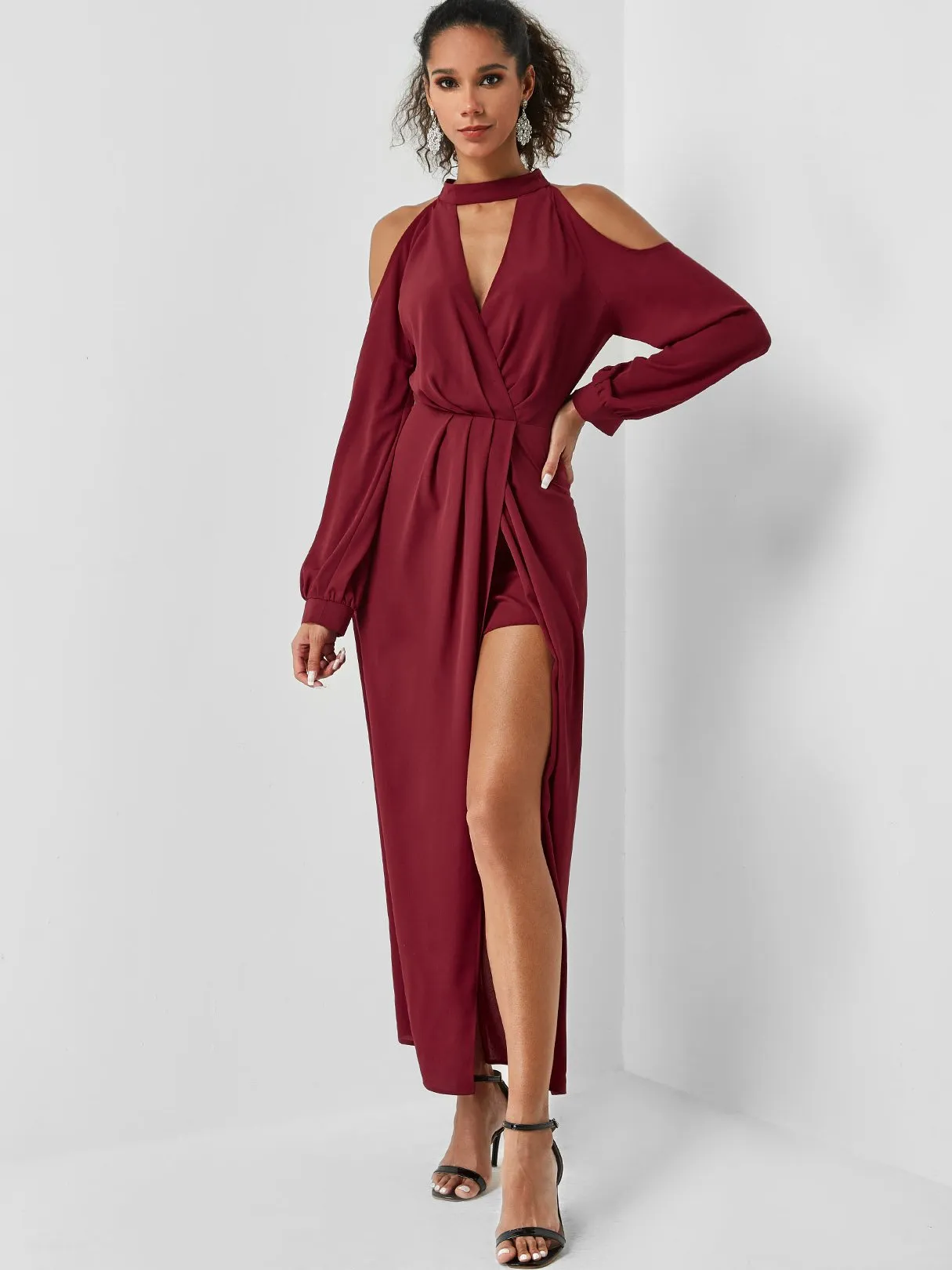 Wholesale Burgundy Cold Shoulder Long Sleeve Plain Cut Out Slit Hem Maxi Dress