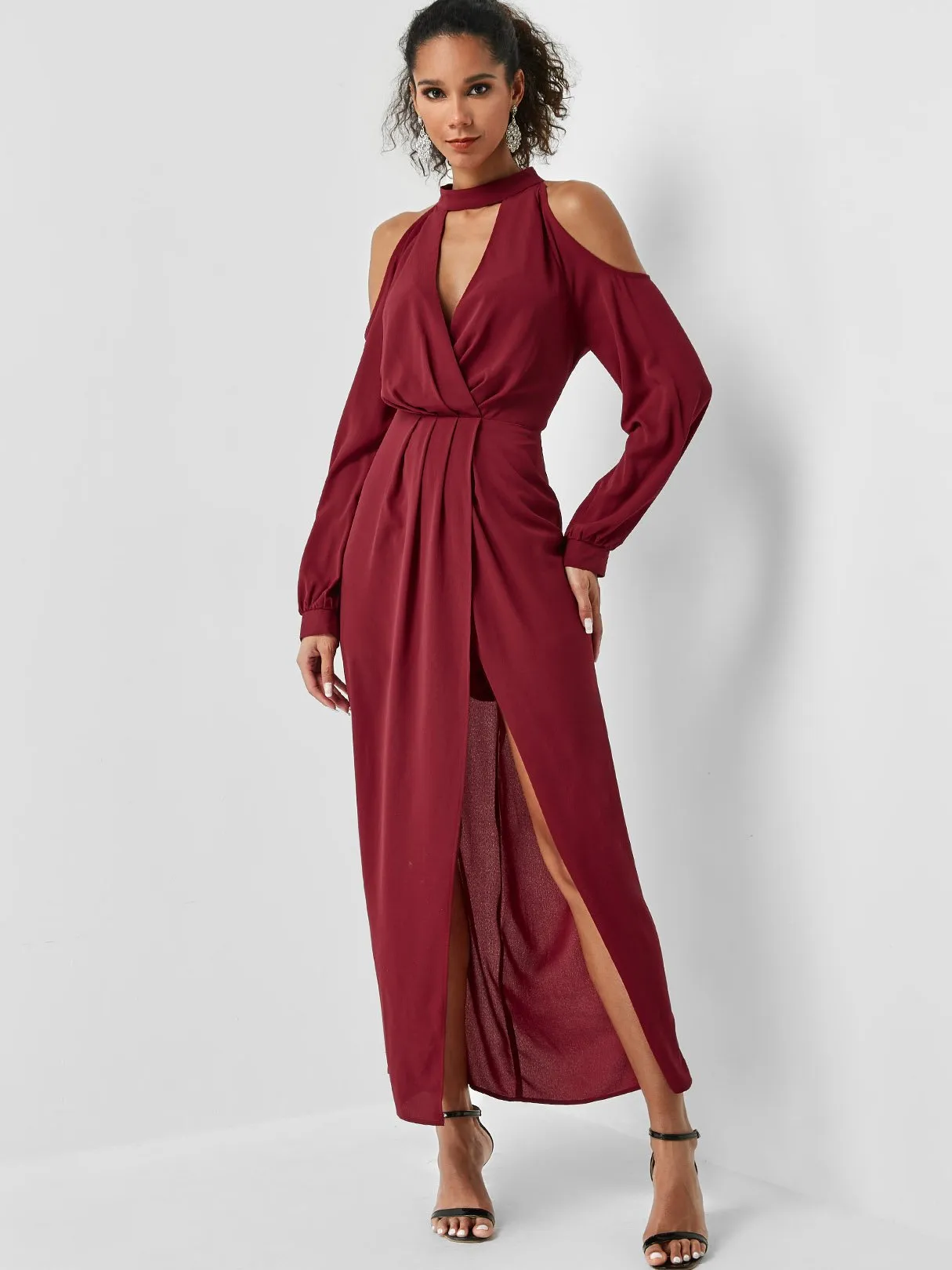 Wholesale Burgundy Cold Shoulder Long Sleeve Plain Cut Out Slit Hem Maxi Dress