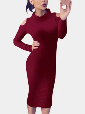 Wholesale Burgundy Perkins Collar Long Sleeve Dresses