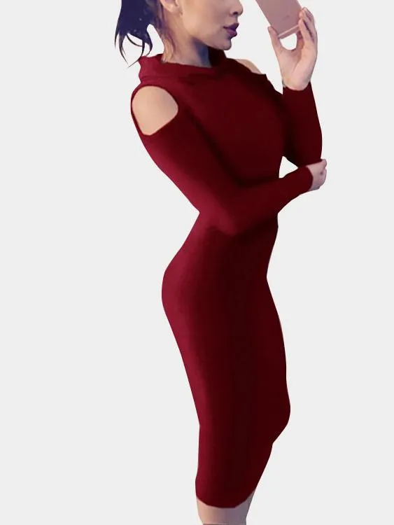 Wholesale Burgundy Perkins Collar Long Sleeve Dresses