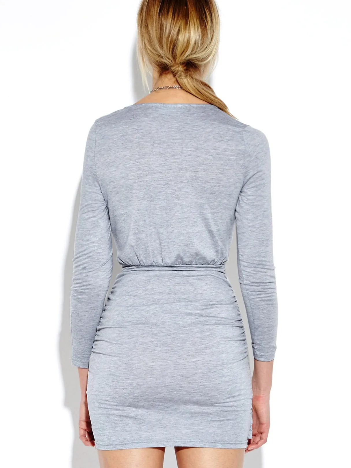 Wholesale Gray V-Neck Long Sleeve Plain Dresses