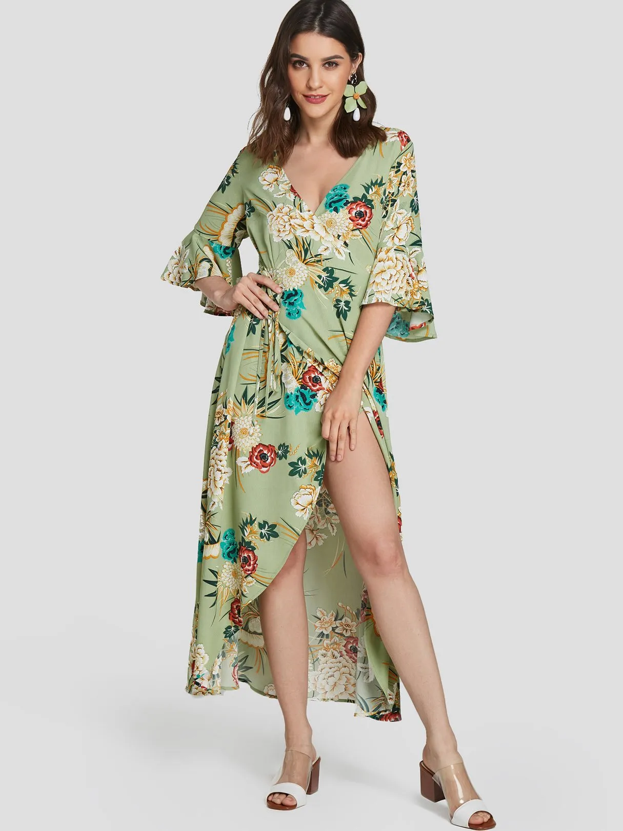 Wholesale Green Deep V Neck Half Sleeve Floral Print Self-Tie Slit Hem Maxi Dresses