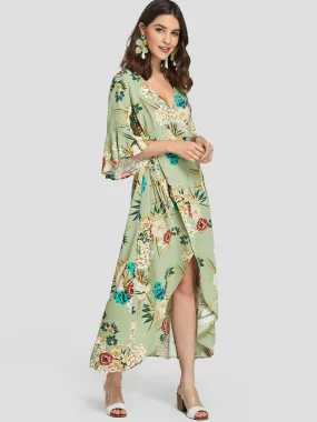 Wholesale Green Deep V Neck Half Sleeve Floral Print Self-Tie Slit Hem Maxi Dresses