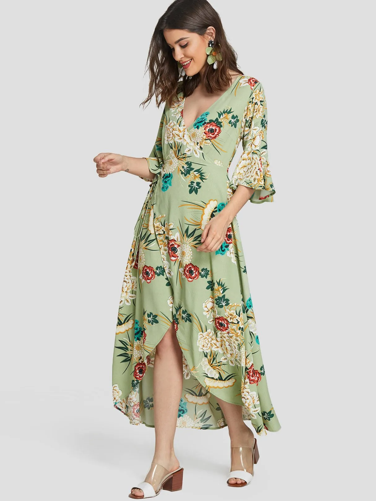 Wholesale Green Deep V Neck Half Sleeve Floral Print Self-Tie Slit Hem Maxi Dresses