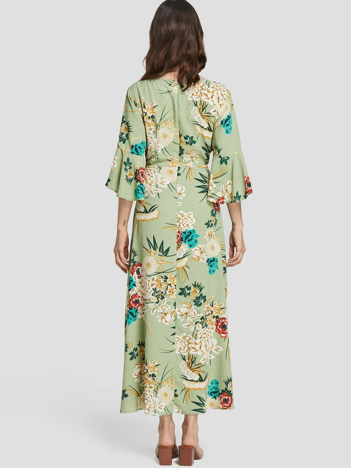 Wholesale Green Deep V Neck Half Sleeve Floral Print Self-Tie Slit Hem Maxi Dresses