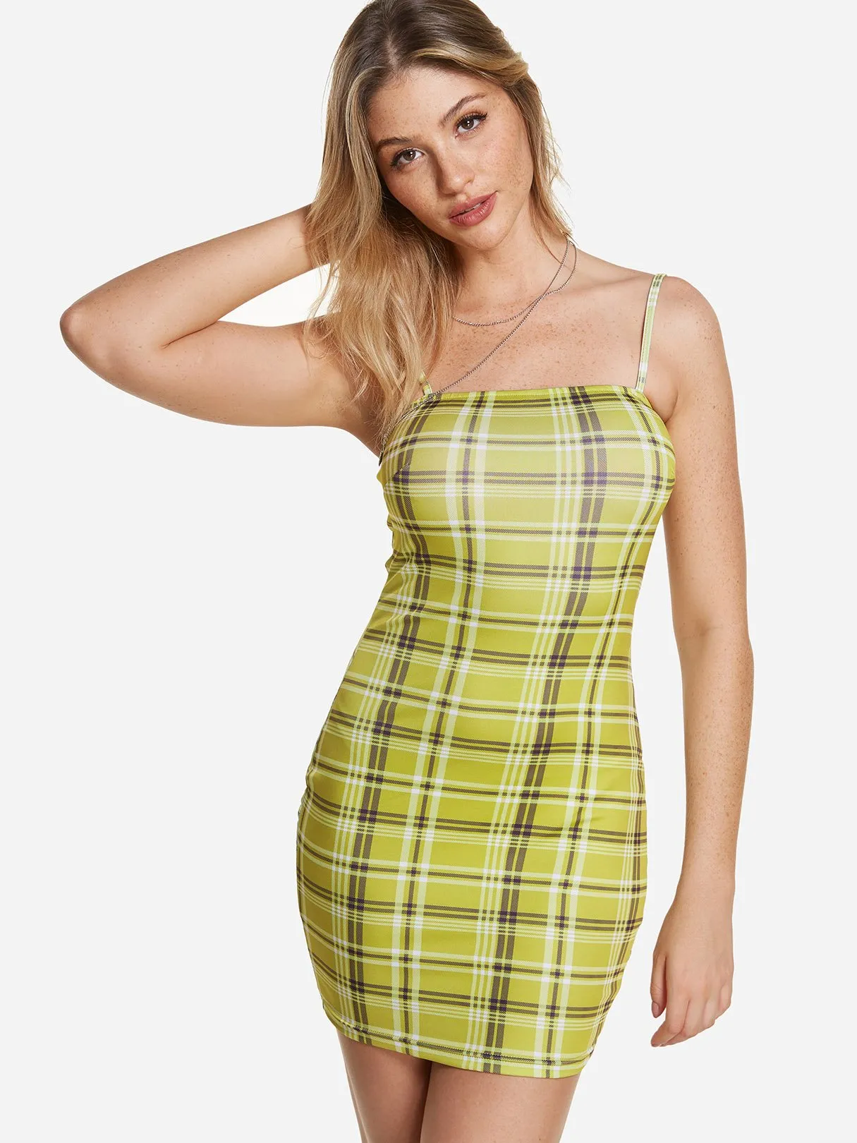 Wholesale Green Grid Spaghetti Strap Bodycon Hem Dresses