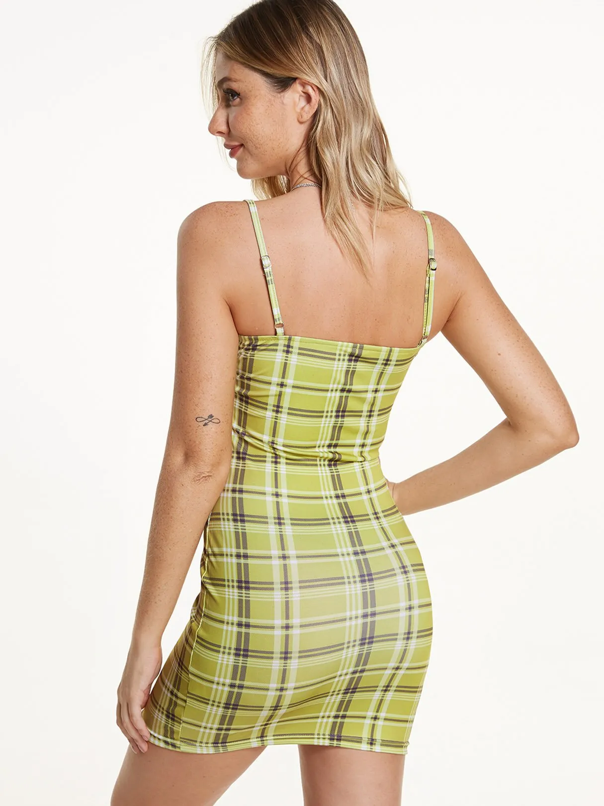 Wholesale Green Grid Spaghetti Strap Bodycon Hem Dresses