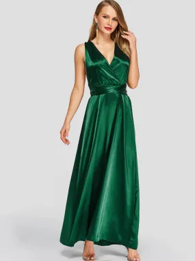 Wholesale Green V-Neck Crossed Collar Sleeveless Backless Lace-Up Self-Tie Criss-Cross Maxi Dresses