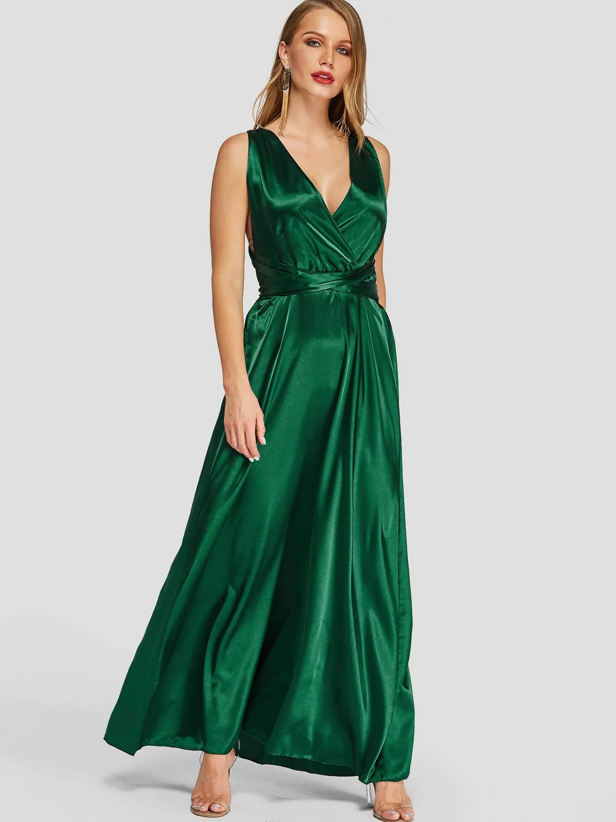 Wholesale Green V-Neck Crossed Collar Sleeveless Backless Lace-Up Self-Tie Criss-Cross Maxi Dresses