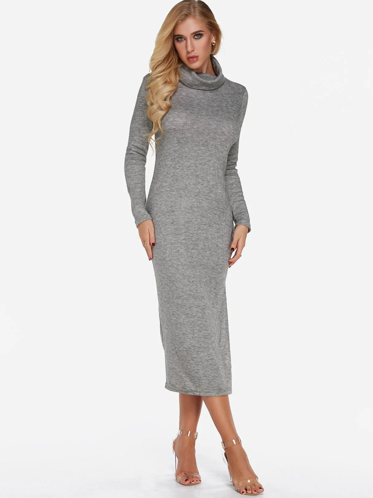 Wholesale Grey Long Sleeve Slit Maxi Dress